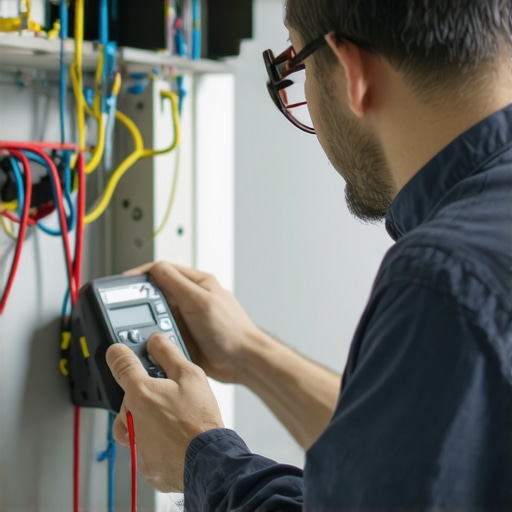Electrician Testing Wiring with Multimeter Electrician testing home wiring with multimeter for troubleshooting