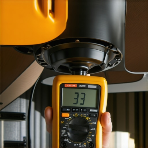 Electrician testing ceiling fan wiring with multimeter in a modern home