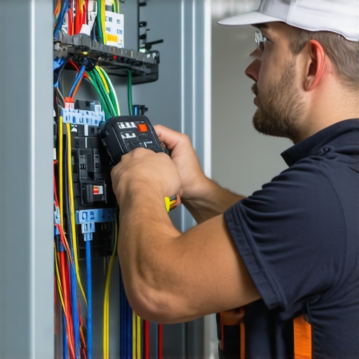 Expert electrician troubleshooting electrical issues Electrician using diagnostic tools on electrical panel