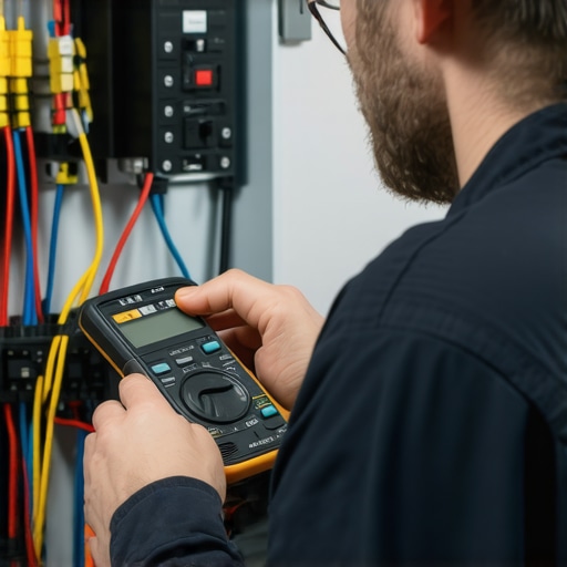 Electrician testing wiring with multimeter in home electrical panel