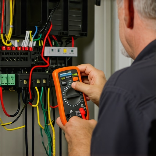 Homeowner using multimeter to test electrical wiring in a home circuit panel