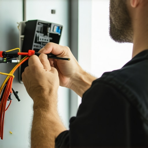 Professional Electrical Inspection Electrician inspecting wiring with multimeter and tools in a home setting.