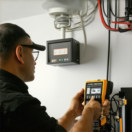 Electrician inspecting wiring and using diagnostic tools on ceiling fan and EV charger