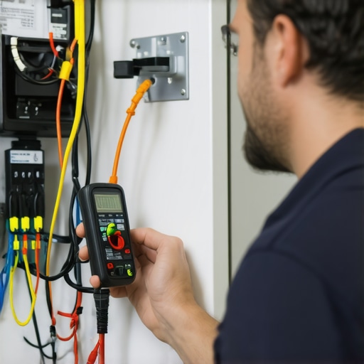 Electrician diagnosing ceiling fan and EV charger with multimeter