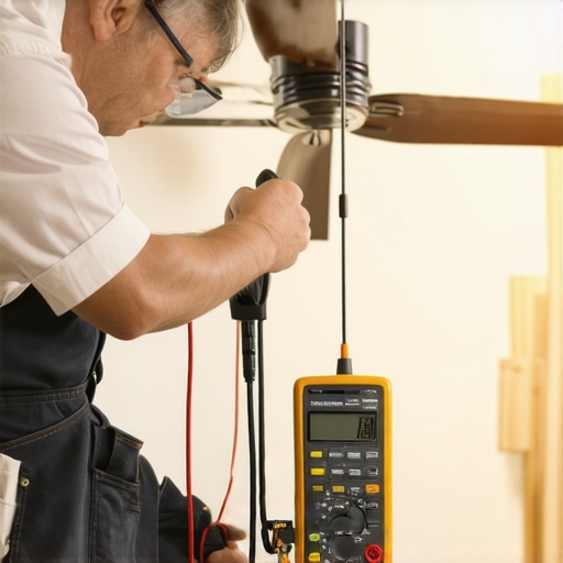 Electrician Diagnosing Electrical System Electrician troubleshooting ceiling fan and EV charger wiring with multimeter in a home.