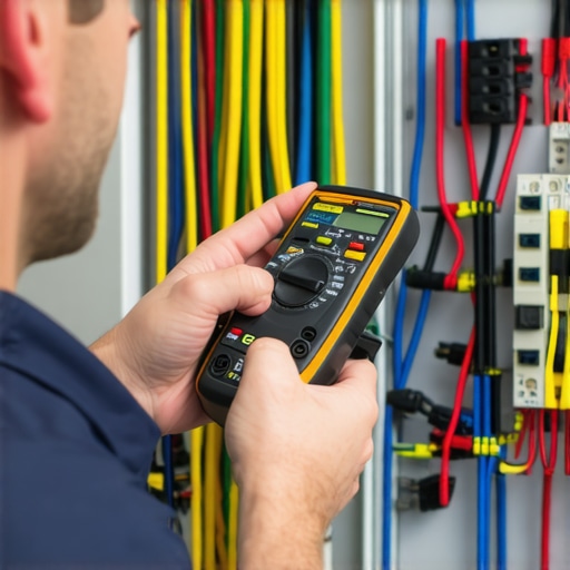 Electrician using multimeter to diagnose electrical wiring in home panel.