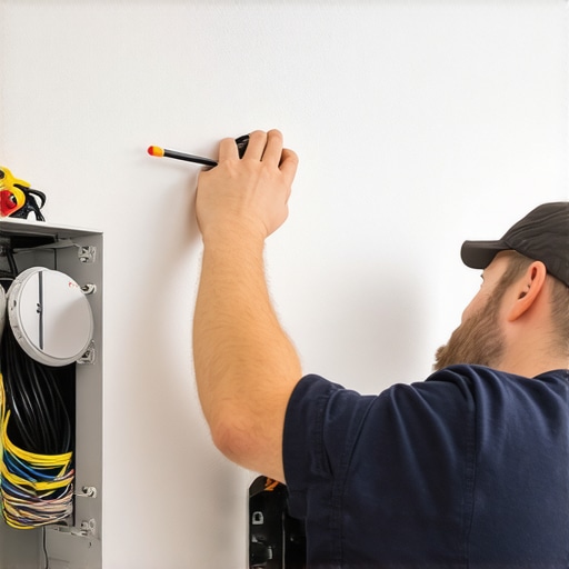 Electrician inspecting ceiling fan wiring with tools