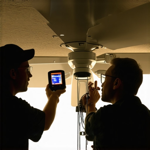 Electrician using thermal camera to detect wiring issues in ceiling fan