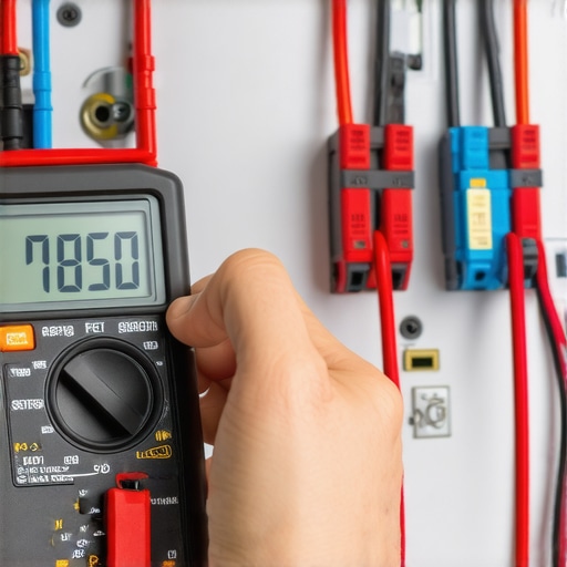 Electrician testing wiring with multimeter inside an electrical panel.