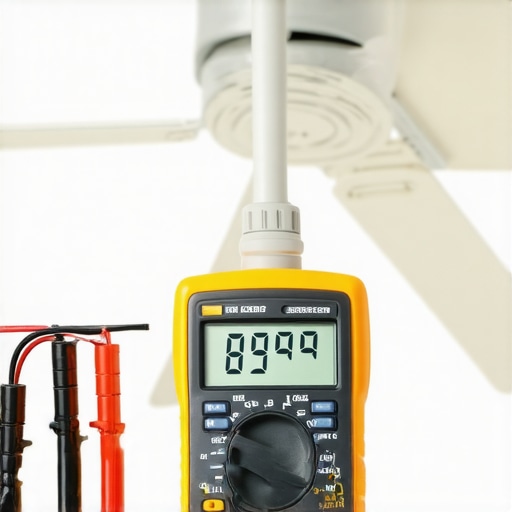 Multimeter testing wiring connection of ceiling fan for troubleshooting