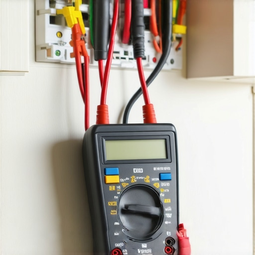 Technician testing electrical wiring with a multimeter in a home setting