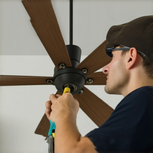 Professional electrician inspecting ceiling fan wiring with tools