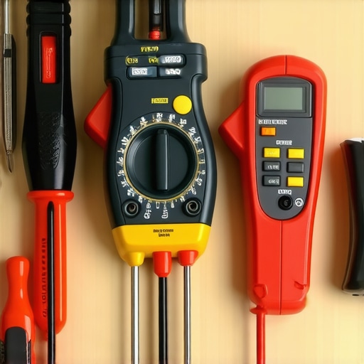 Electrician's toolkit with multimeter, screwdrivers, clamp meter, and flashlight ready for maintenance