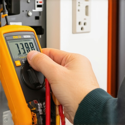 Person using multimeter probe on an electrical outlet during troubleshooting