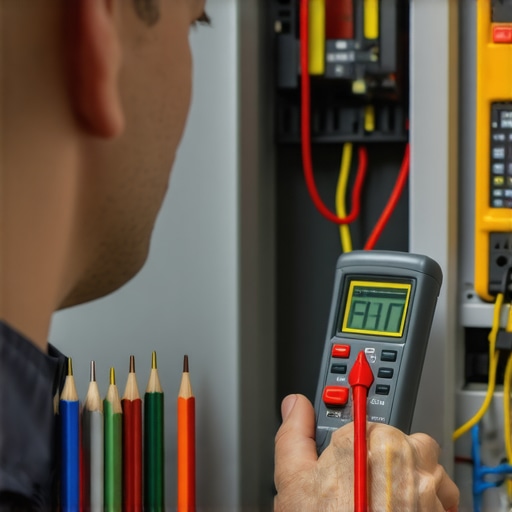 Electrician inspecting wiring with multimeter, screwdriver, and thermal camera in a home setting