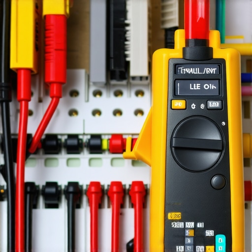 A technician testing wiring inside an electrical panel with a digital multimeter