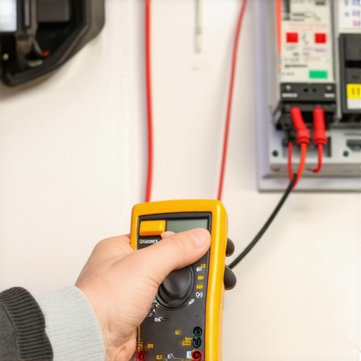 A person testing electrical wires with a digital multimeter in a home setting.