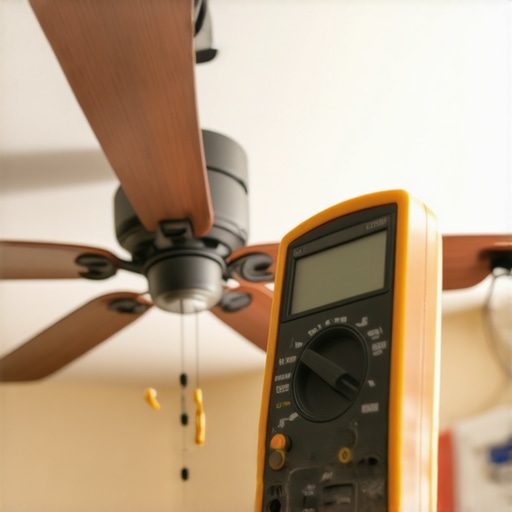 A person measuring wiring in a ceiling fan using a multimeter for safe electrical diagnostics.