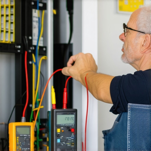 Electrician testing wires with multimeter during troubleshooting