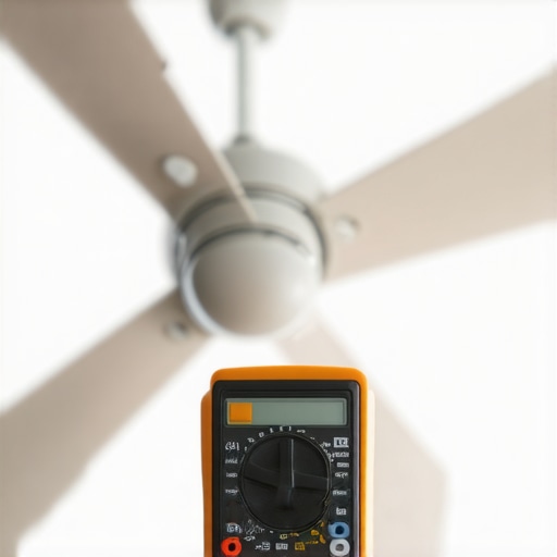Technician testing ceiling fan wiring with a multimeter