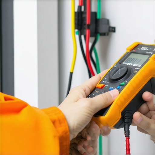 Electrician testing voltage with a multimeter in a modern home electrical system