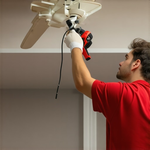 Electrician inspecting ceiling fan wiring during troubleshooting.