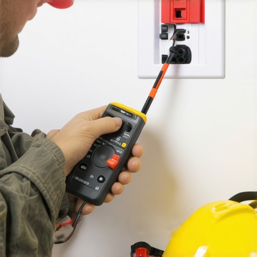 Person testing an electrical outlet with a multimeter during troubleshooting.